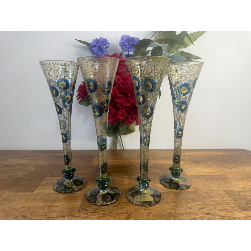 Czech Bohemian Art Glass‎ Champagne Flutes Gold Enamel Blue Floral Tall Stem Set
